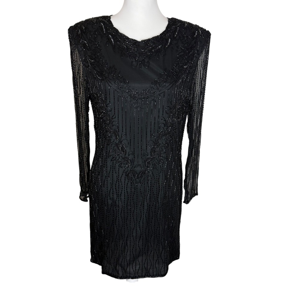 Vintage Mark & John by Gopal Black‎ Beaded Sheer Long Sleeve Mini Dress Size S